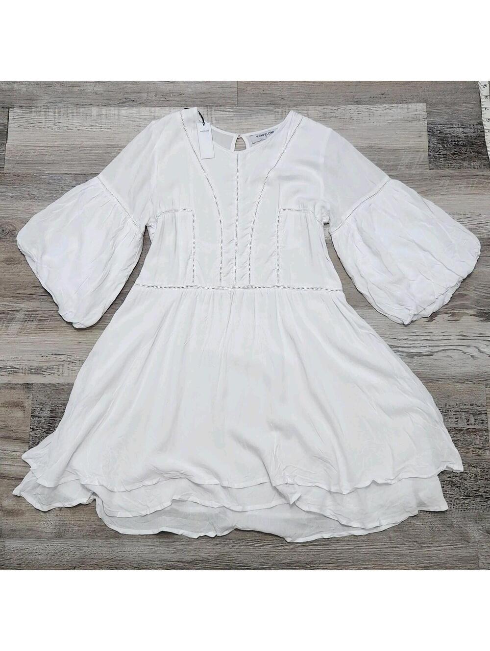 Pampelone Dress Medium NWT white Bell Sleeve 3/4 Short Flowy Rayon